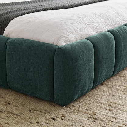 KEIKI Queen Thick Chenille Platform Bed Frame with Upholstered Tufted Headboard, Modern Solid Wood Floor Platform for Bedroom, No Box Spring Needed