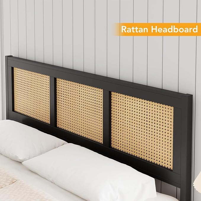 IDEALHOUSE Rattan Bed Frame with Headboard, Boho King Size Bed Frame with Strong Metal Slats Support, No Box Spring Needed, Noise-Free Design, Black