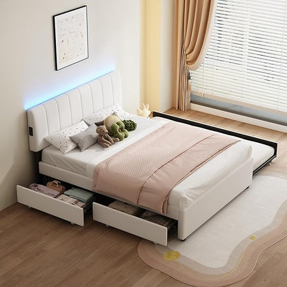 Queen Size Upholstered Platform Bed w/Trundle Bed & 2Storage Drawers | Twin Size Trundle,Two Drawers,LED Lighting Controlled by APP, USB+Type-C Charging Ports,Chenille Upholstered Bed Frame,Beige