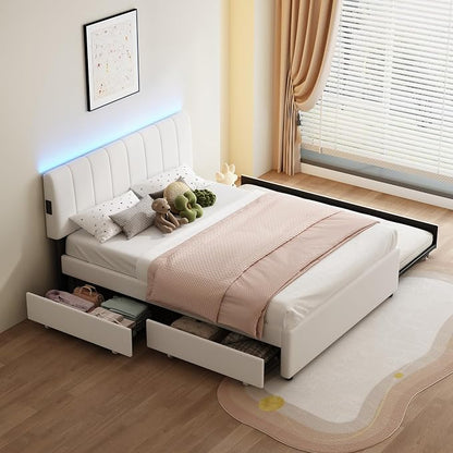 Queen Size Upholstered Platform Bed w/Trundle Bed & 2Storage Drawers | Twin Size Trundle,Two Drawers,LED Lighting Controlled by APP, USB+Type-C Charging Ports,Chenille Upholstered Bed Frame,Beige