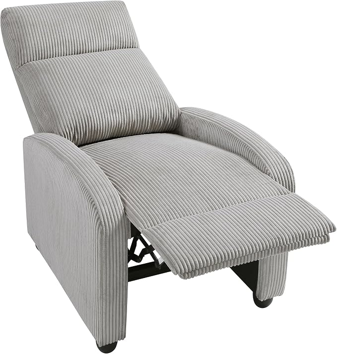 Lexicon Corduroy Pushback Recliner Chair Armchair Push Back Recliner, Solid Wood Frame and Metal Base, Easy Assembly Small Soft Single Sofa Accent Chair for Living Room/Office/Apartment, Light Grey