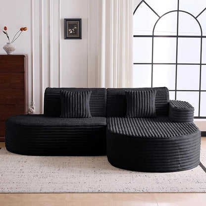 Modern Curved Boneless Sofa Couch, L-Shaped Corner Sofa, Corduroy Upholstered Cloud Sectional Couch for Living Room, Bedroom and Apartment,No Assembly Needed(Black, Right Hand Facing)