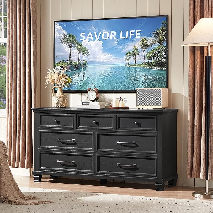SAVOR LIFE Farmhouse 7 Drawer Dresser for Bedroom, 54” Wood Dresser for Closet, Large Rustic Wooden Dressers, Chest of Drawers for Bedroom, Hallway, Entryway, Black