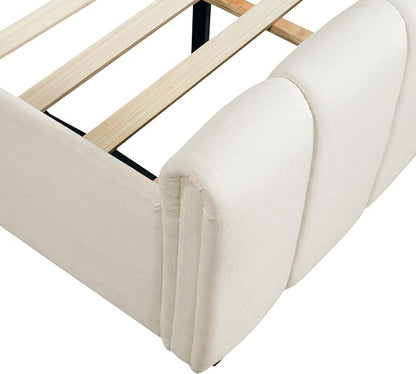 Merax California King Upholstered Panel Bed with Curved Headboard, Beige | Thick Linen Headboard and Footboard with Solid Rubberwood Legs for a Refined Bedroom Look