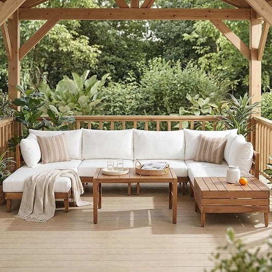 VilroCaz 8-Piece Acacia Wood Outdoor Patio Sofa Set, Modular Sectional Furniture Set with Storage Tea Table, Coffee Table, All-Weather Conversation Set with Cushions for Backyard Poolside