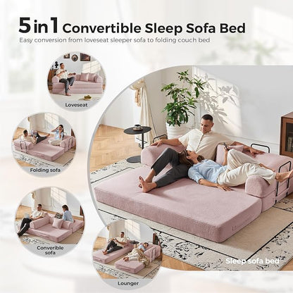 79" 5-in-1 Convertible Sofa Bed No Assembly, Boneless Couch Bed with High Density Foam, Foldable Sleeper Sofa, Corduroy Modular Couch for Apartment, Studio, Dorm Room, Small Space,Pink