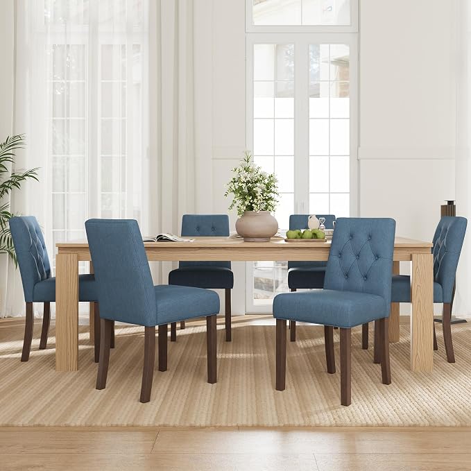 Upholstered Dining Chairs Set of 6 - Modern Parsons Kitchen & Dining Room Chair with Diamond Tufted Back, Solid Wooden Legs for Apartment, Café, Vanity