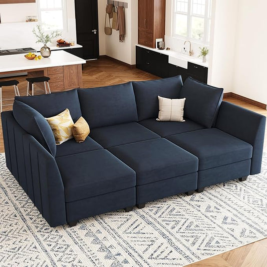 Belffin Modular Sectional Sofa Sleeper Couch with Storage Velvet Sectional Sofa Bed, 6 Seats, Blue