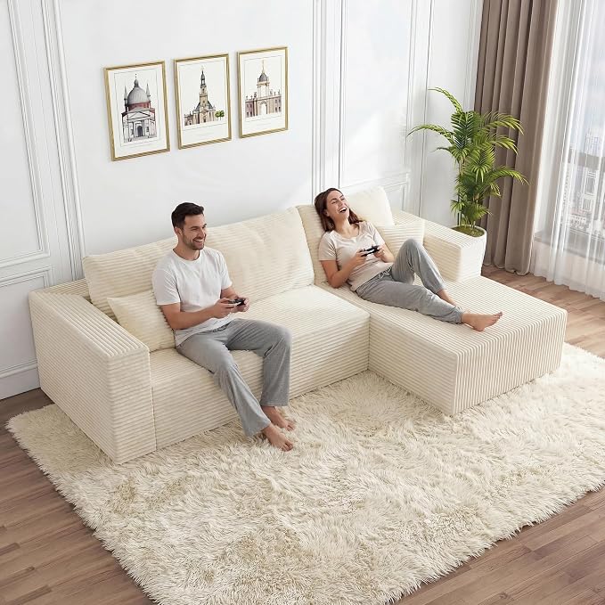 108" Modular Sectional Sofa, L-Shape Cloud Couch with Deep Seats & Chaise,4-in-1 Covertible Corduroy Boneless Couches for Living Room,Bedroom,No Need Assembly - Beige(Right Facing Chaise)