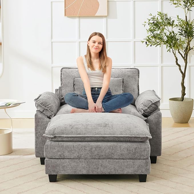 Oprisen 53" Modular Sectional Sofa, Comfy Cloud Couch Sectional Sofa with Ottoman, Chenille Sofa Sleeper Deep Seat Sofa with Throw Pillows for Living Room (Light Gray)