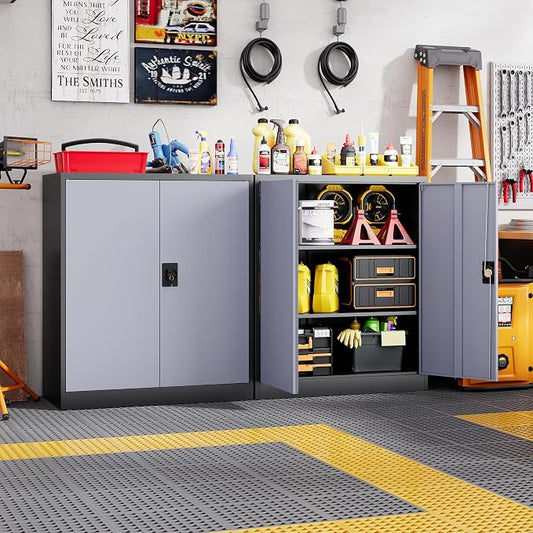 Letaya Metal Storage Cabinets with Lock Door,2 Adjustable Shelves Organizer Steel Storage Cabinets for Home,Office,Warehouse,Garage,Employee Lockers(Black Gray)
