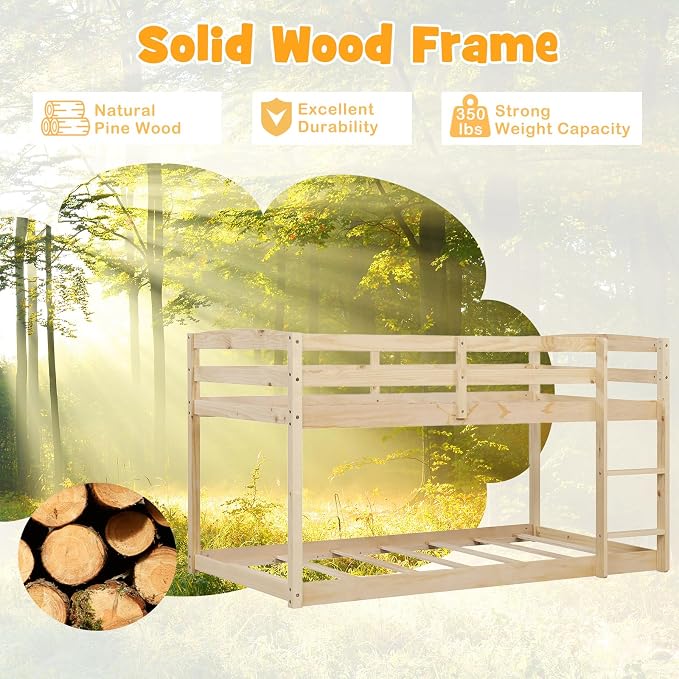 MAT EXPERT Bunk Bed Twin Over Twin, Low Wood Bunk Bed Frame w/Safety Guardrails, Ladder & Slats, Floor Platform Twin Bunk Beds for Kids Toddlers, for Dorm Bedroom, No Box Spring Needed (Natural)