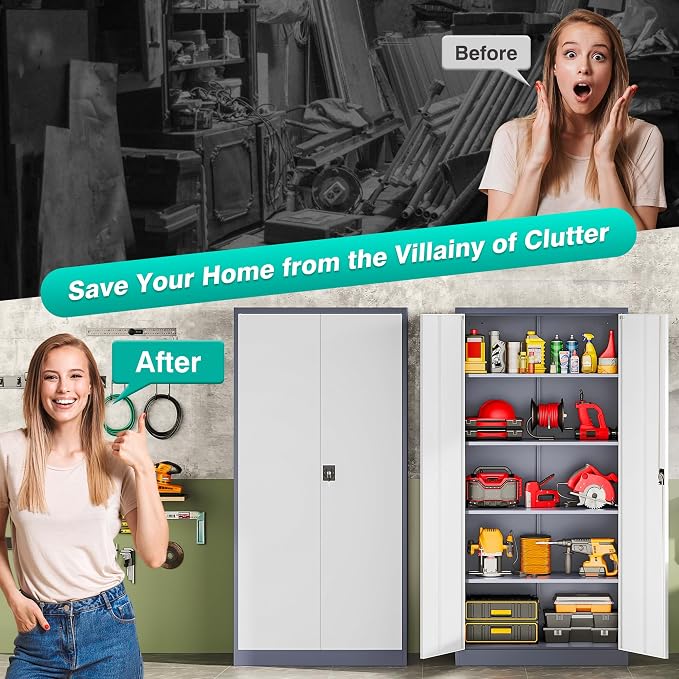 Wide & Deep Metal Storage Cabinet with Shelves,72 inch Tall Garage Storage Cabinet with Lock,Gray White Metal Cabinets with Locking Doors,Large Steel Lockable Cabinets for Home,Office,Shop,Garage