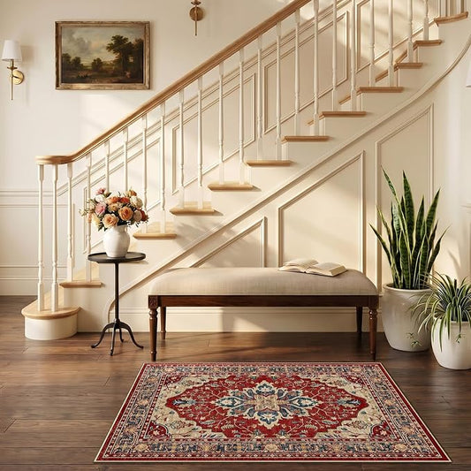 RELEANY Area Rugs Small 2'6"x4' Washable Non-Slip, Floral Vintage Distress Medallion Carpet for Kitchen Entryway Bathroom, Red Blue