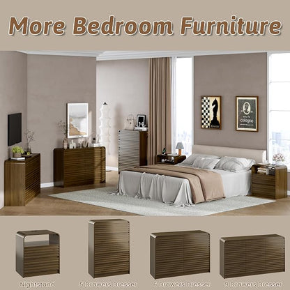 Dresser and Nightstand Sets for Bedroom, 3 Pcs Bedroom Set, Fluted 9 Drawer Dresser with Curved Profile and Night Stand Set of 2 with Charging Station, Wood Chest of Drawers, Walnut