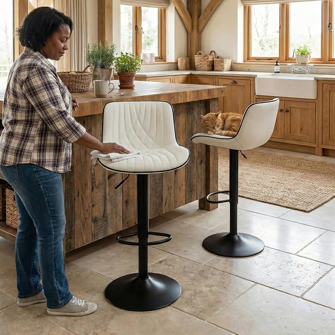YOUTASTE Bar Stools Set of 2, Adjustable Swivel Counter Height Barstools with Back, White Faux Leather Upholstered Bar Chairs with Black Metal Base, Stools for Kitchen Island or Home Bar