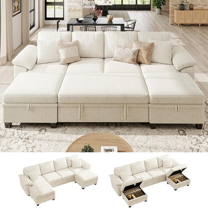 Ihanherry 108" Modular Sectional Sofa with Pull Out Bed, 6-Seater U Shaped Sectional Sleeper Couch with Storage Ottoman, Chenille Convertible Couches for Living Room, Apartment (Beige)