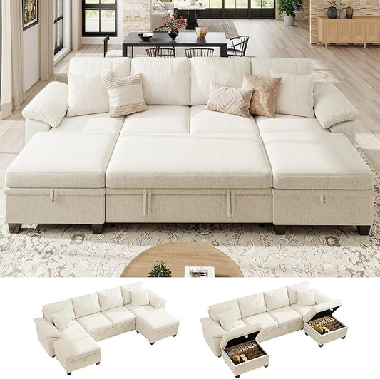 Ihanherry 108" Modular Sectional Sofa with Pull Out Bed, 6-Seater U Shaped Sectional Sleeper Couch with Storage Ottoman, Chenille Convertible Couches for Living Room, Apartment (Beige)