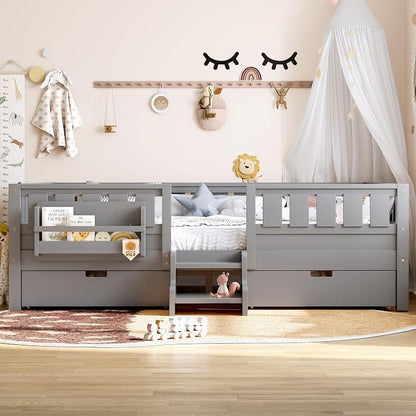 Bellemave Queen Size Bed with Slats and Stairs, Queen Size Platform Bed Frame with Fence, Bookshelf and Storage Drawers, Easy Assemble Beds for Girls, Boys, Gray