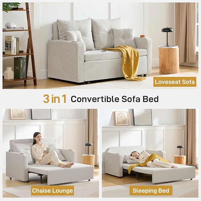 Busaurus 3 in 1 Convertible Sofa Bed, 56" Loveseat Sleeper Sofa Couch with Pullout Bed, Comfy Pull Out Sofa Bed with USB, Full Size Sleeper Sofa Bed for Living Room, Bedroom, Small Space, Beige