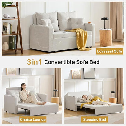 Busaurus 3 in 1 Convertible Sofa Bed, 56" Loveseat Sleeper Sofa Couch with Pullout Bed, Comfy Pull Out Sofa Bed with USB, Full Size Sleeper Sofa Bed for Living Room, Bedroom, Small Space, Beige