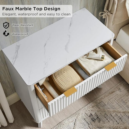 T4TREAM Fluted 3 Drawers Nightstand, Oversized Extra Large Modern Side Table with Faux Marble Top, End Table Bedside for Bedroom, Living Room, Curved Profile Design, Solid White