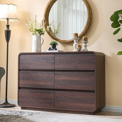 Standifurno Walnut 6 Drawer Dresser, Curved Chest of Drawers for Bedroom, 47 Inch Wide Dresser with Deep Drawers for Clothes, Modern Drawer Closet for Bedroom, Living Rooms, Offices, Entryways