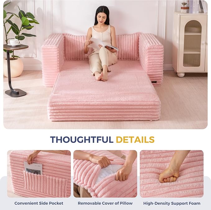 MAXYOYO Convertible Sofa Bed, 2 in 1 Folding Couch Bed for Small Space, Pull Out Loveseat Sofa Couch with Large Back Pillow, Plush Faux Fabric Lounge Couch for Living Room, Apartment, Pink