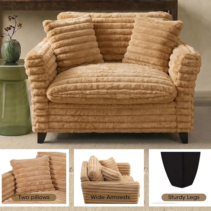 ERYE 46.9" Corduroy Upholstered Accent Chair Wide Seat Armchair for Living Room Bedroom, Modern Cloud Cushion Armchair W/ 2 Pillows and Wooden Legs for Home Apartment Office