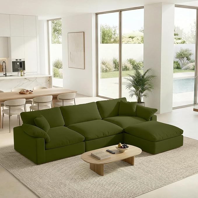 Modular Sectional Sofa Cloud Couch,Down Filled Comfy Cloud Modern Sofa,Green Linen L Shape Oversized Couch Cushion Covers Removable Furniture for Living Room