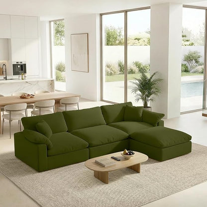 Modular Sectional Sofa Cloud Couch,Down Filled Comfy Cloud Modern Sofa,Green Linen L Shape Oversized Couch Cushion Covers Removable Furniture for Living Room