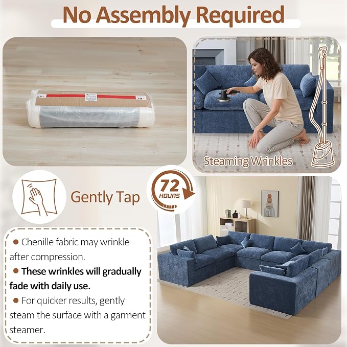 146''Cloud Boneless Sectional Couch, Modular Sectional Sofa Deep Seat, Oversized Upholstered Convertible Comfy 8 Seater Chenille Memory Foam Sofa U Shape Couches for Living Room, Blue