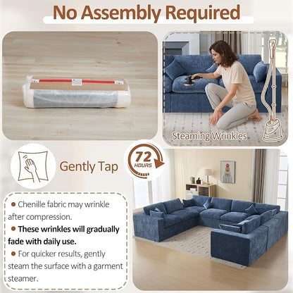 146''Cloud Boneless Sectional Couch, Modular Sectional Sofa Deep Seat, Oversized Upholstered Convertible Comfy 8 Seater Chenille Memory Foam Sofa U Shape Couches for Living Room, Blue