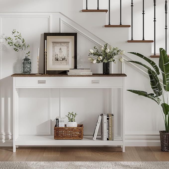 ChooChoo 47" Farmhouse Entryway Table with Drawer, Narrow Console Table with Storage Shelf, Sofa Table for Living Room, Entryway, and Hallway, White and Brown