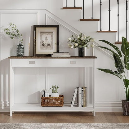 ChooChoo 47" Farmhouse Entryway Table with Drawer, Narrow Console Table with Storage Shelf, Sofa Table for Living Room, Entryway, and Hallway, White and Brown