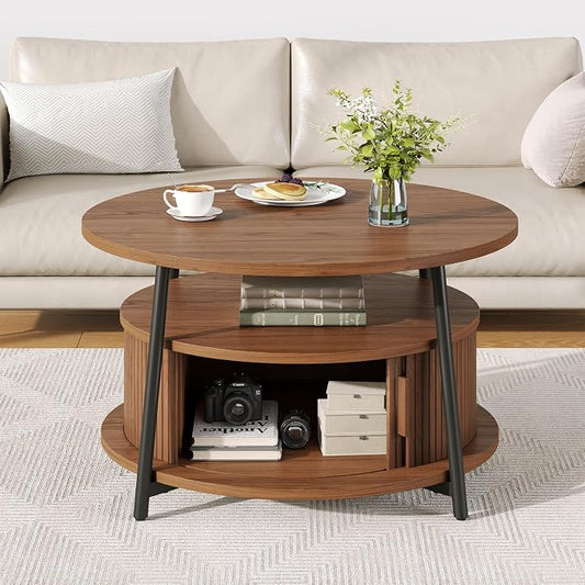 31.5 Inch Round Coffee Table with Storage, Fluted Coffee Tables with 2 Tiers, Mid-Century Modern Center Table with 2 Sliding Doors and Adjustable Footpad for Living Room, Walnut