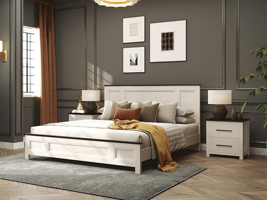 Roundhill Furniture Realynn 3-Piece Wood Bedroom Set, King Size Panel Bed with 2 Nightstands, Off-White Finish