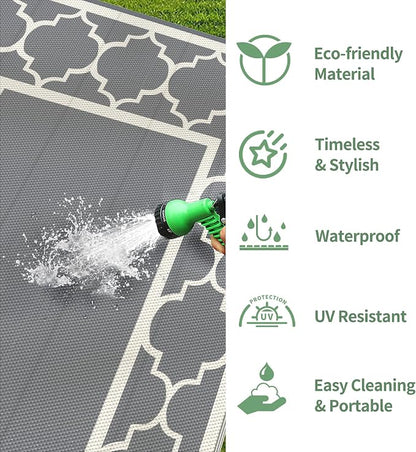 GENIMO 6' x 9' Outdoor Rug Waterproof for Patio Decor, Foldable Reversible Plastic Straw Area Rugs Mat for Camper, Outside Carpet for Rv, Deck, Porch, Picnic, Beach, Balcony, Grey & Beige White