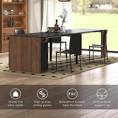Transforming Table Extender for Dining Table, Pull Out Table, Transformer Console with Storage & Built-in Outlet, Folding Dining Table for 12, Walnut Black