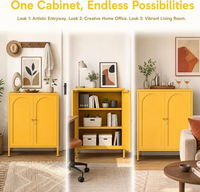 Yellow Lockable Metal Accent Storage Cabinet, 2 Door Freestanding Sideboard with Adjustable Shelves, Kitchen Organizer with Magnetic Doors for Dining Room Living Room Office