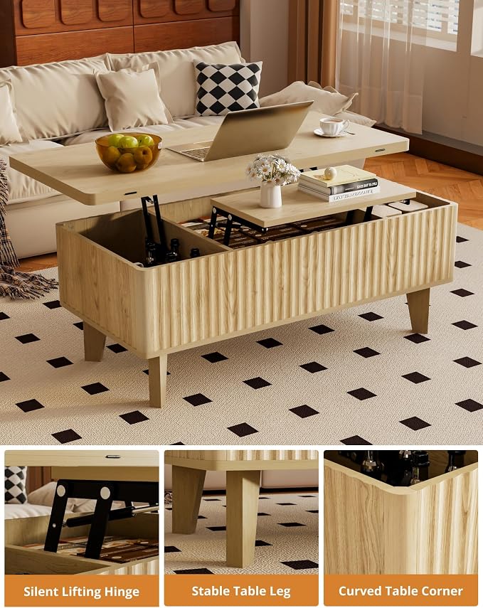 4 in 1 Coffee Table with Lifting Top, Modern Convertible Coffee Table with Storage Converts to Dining Table for Living Room, Oak