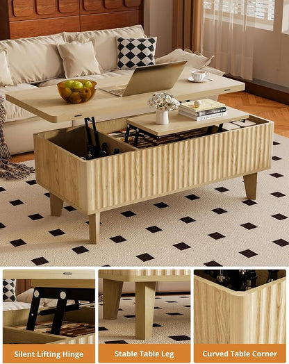 4 in 1 Coffee Table with Lifting Top, Modern Convertible Coffee Table with Storage Converts to Dining Table for Living Room, Oak