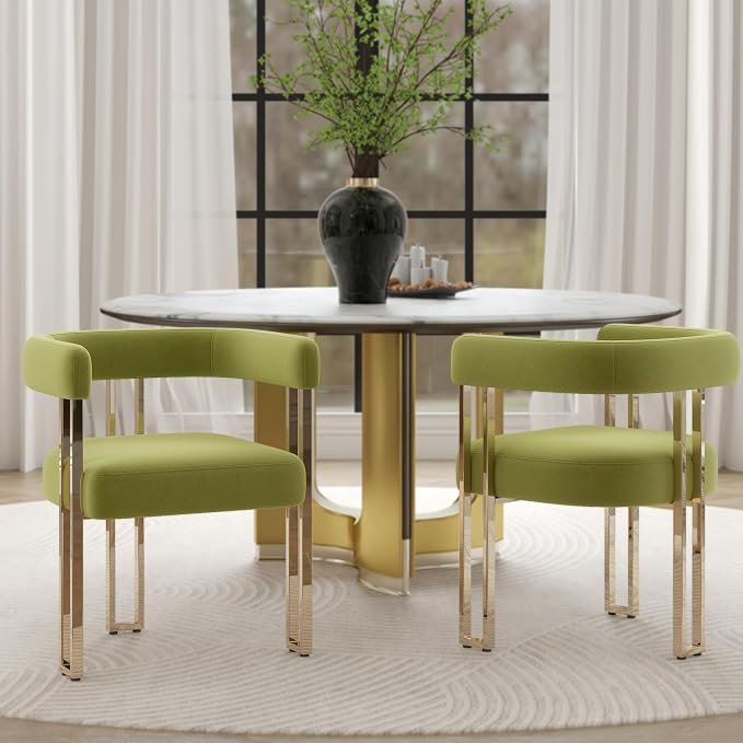 Hyfirm Green and Gold Modern Dining Chairs Set of 2, Velvet Upholstered Barrel Armchairs with Metal Legs for Kitchen Island, Mid Century Accent Chairs for Dining Room Living Room, Open-Back
