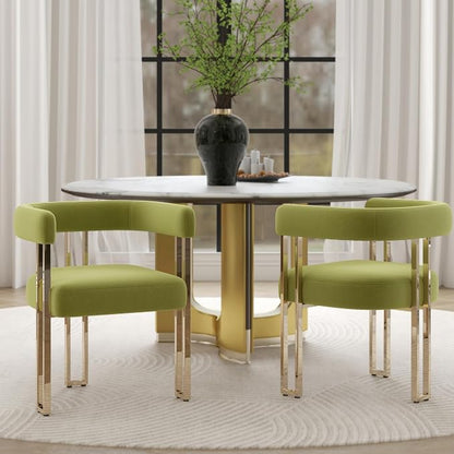 Hyfirm Green and Gold Modern Dining Chairs Set of 2, Velvet Upholstered Barrel Armchairs with Metal Legs for Kitchen Island, Mid Century Accent Chairs for Dining Room Living Room, Open-Back