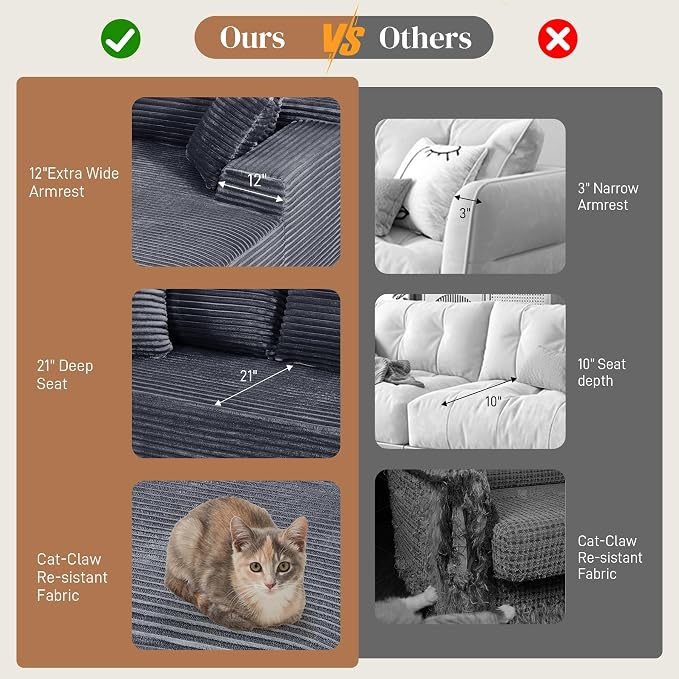 108" L Shaped Cloud Boneless Sectional Couches for Living Room, Modern Comfy Modular Deep Seat Memory Foam Compressed Corduroy Sofa Oversized Right Facing Chaise, No Assembly Required, Grey