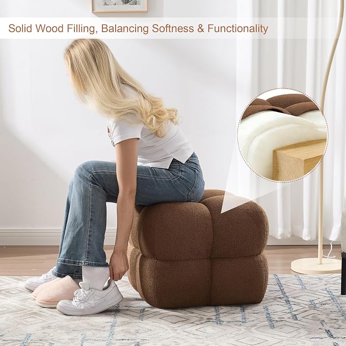 Zesthouse Square Pouf Ottoman Footstool, Modern Backless Vanity Chair for Bedroom, Boucle Poofy Footrest for Couch, Upholstered Tufted Footstool, Fabric Ottoman Coffee Table for Living Room Rust Brown