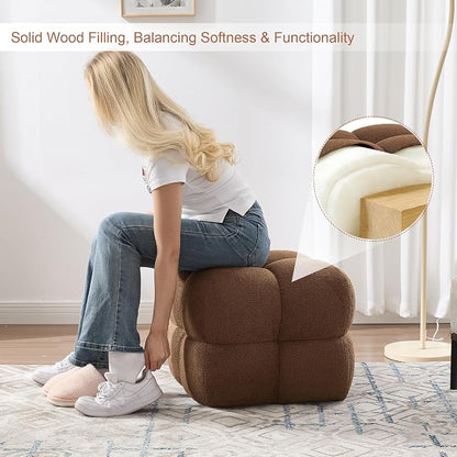 Zesthouse Square Pouf Ottoman Footstool, Modern Backless Vanity Chair for Bedroom, Boucle Poofy Footrest for Couch, Upholstered Tufted Footstool, Fabric Ottoman Coffee Table for Living Room Rust Brown