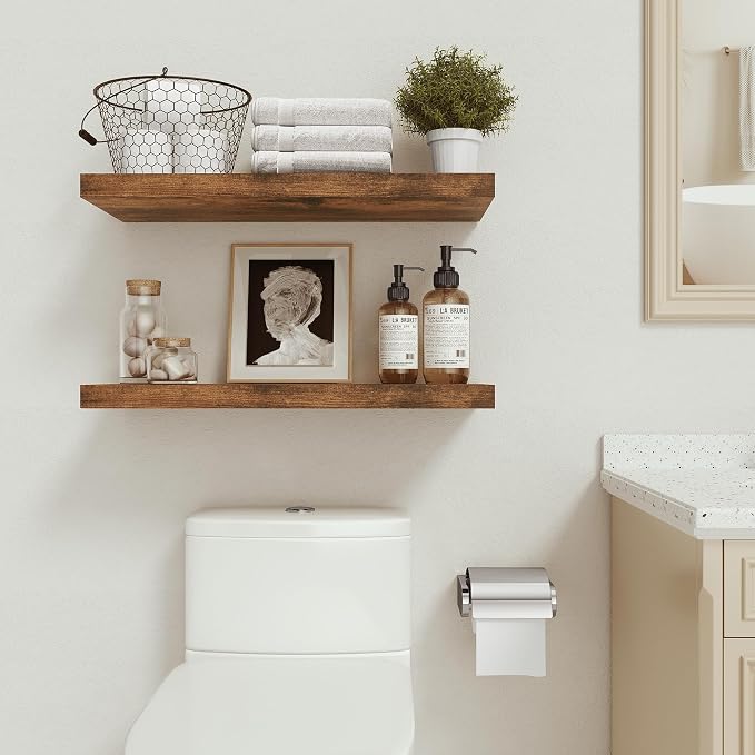 Vivelove Floating Shelves for Wall, 24 inch Wall Shelves for Bathroom Bedroom, Living Room, Kitchen, Office, Rustic Farmhouse Shelf Decor with Invisible Bracket, 24x9x1.6, Set of 2, Rustic Brown