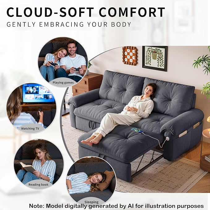 77.2'' Pull Out Couch Full Size, Pre-Assembled Sleeper Sofa Bed, Flannel Convertible Futon Sofa Bed with Adjustable Backrest, USB, Side Pockets, Loveseat for Living Room, Apartment, Dark Grey