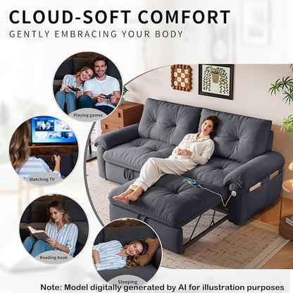 77.2'' Pull Out Couch Full Size, Pre-Assembled Sleeper Sofa Bed, Flannel Convertible Futon Sofa Bed with Adjustable Backrest, USB, Side Pockets, Loveseat for Living Room, Apartment, Dark Grey